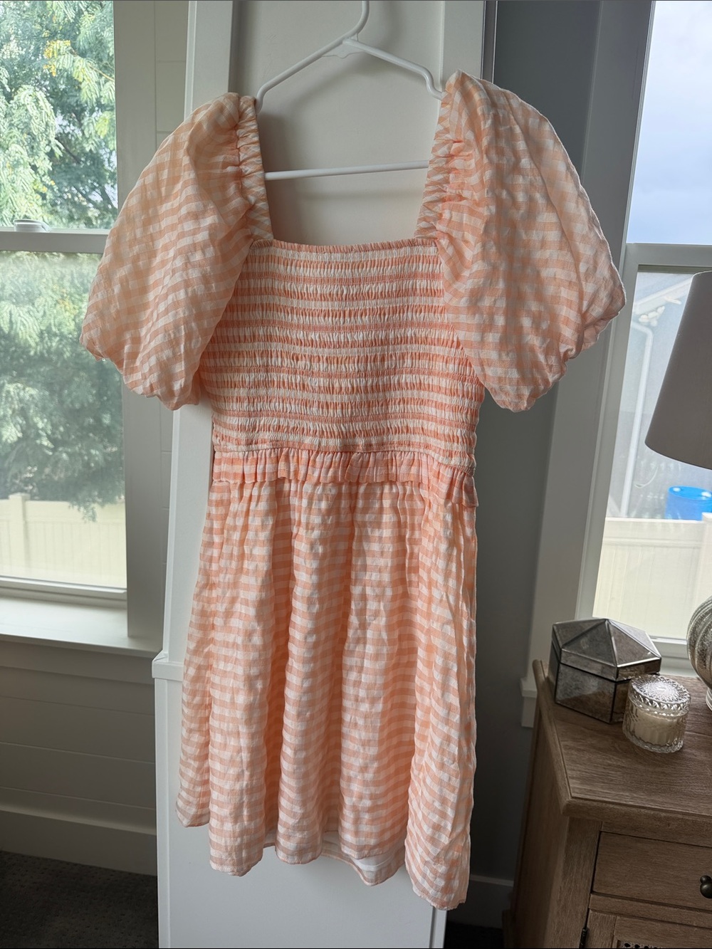 English Factory Plaid Smocked Puff Sleeve Mini Dress Coral Small - Picture 8 of 8